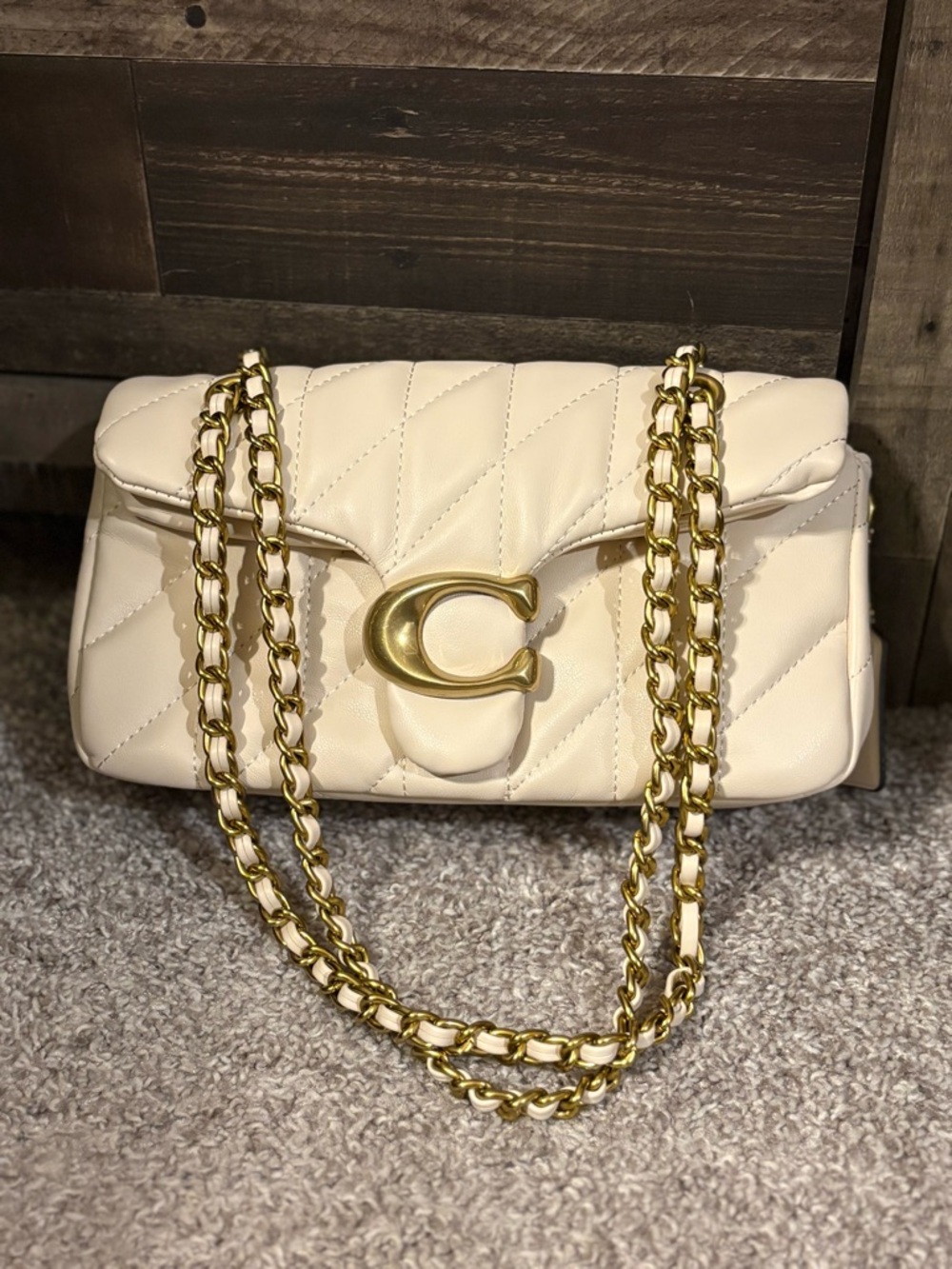 Cream Quilted Shoulder Bag with Gold Chain